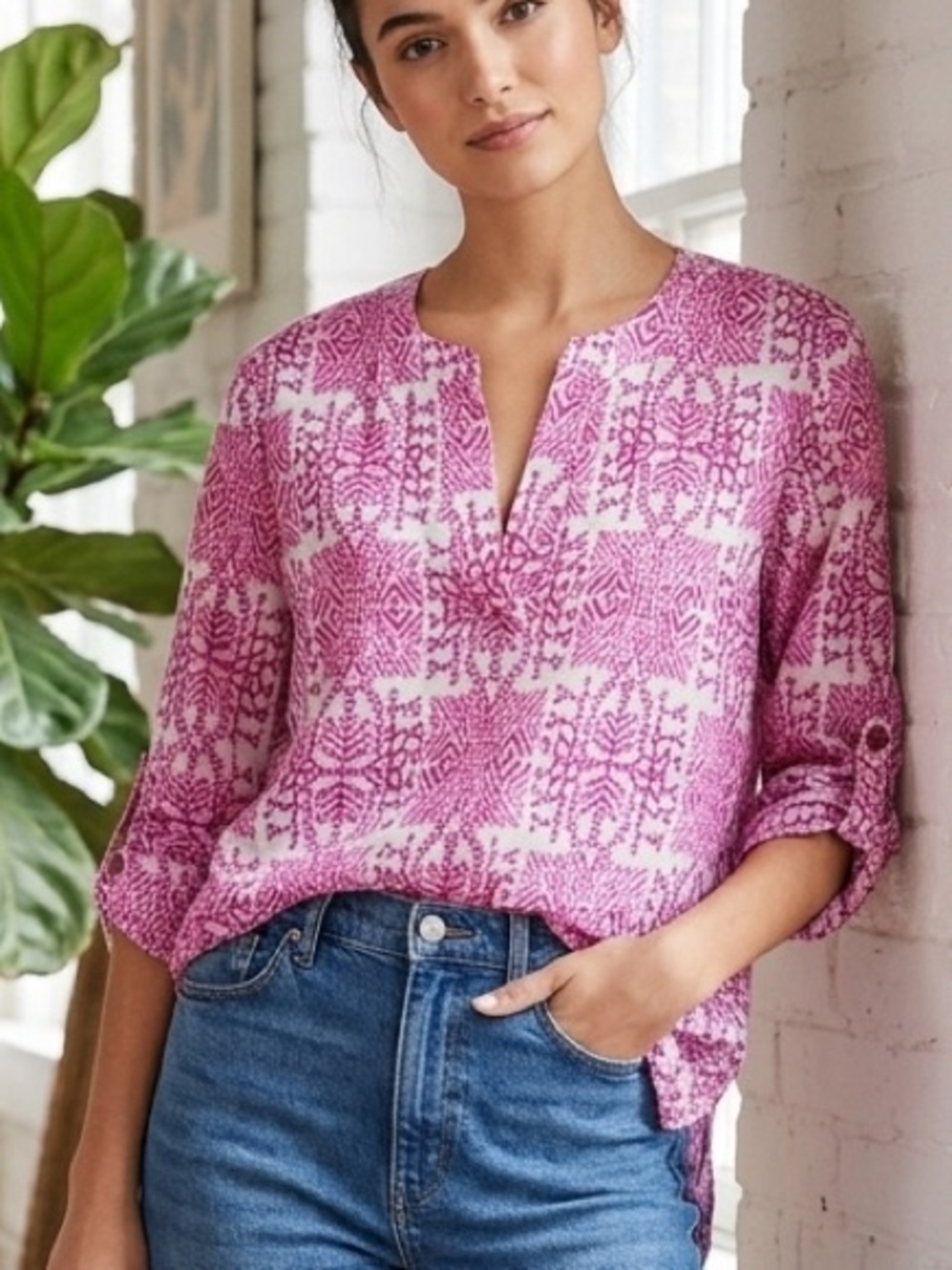 Finley Pink & Cream Printed Split-Neck Blouse